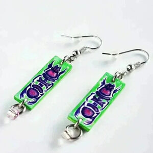 Garden fairy's lucky scarab long rectangular dangle earrings with  pink beads